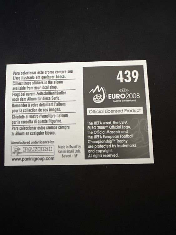 Panini UEFA EURO 2008 – Nr. 439 – Russland Mannschaft Teilbild unten links – Südamerika-Version – Rückseite