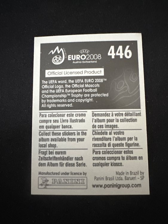 Panini UEFA EURO 2008 – Nr. 446 – Vasili Berezutski – Südamerika-Version – Rückseite