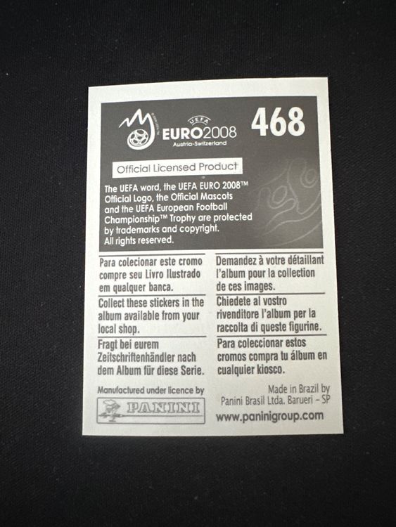 Panini UEFA EURO 2008 – Nr. 468 – Lilian Thuram – Action – Südamerika-Version – Rückseite