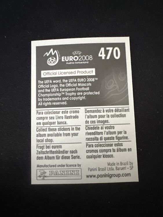 Panini UEFA EURO 2008 – Nr. 470 – Philippe Senderos – Action – Südamerika-Version – Rückseite