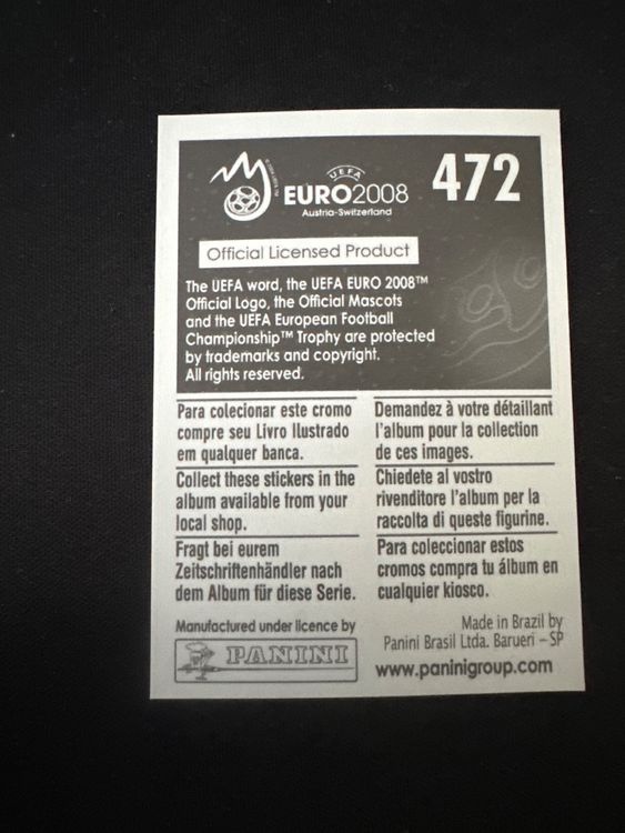 Panini UEFA EURO 2008 – Nr. 472 – Per Mertesacker – Action – Südamerika-Version – Rückseite