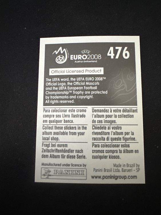 Panini UEFA EURO 2008 – Nr. 476 – Carles Puyol – Action – Südamerika-Version – Rückseite