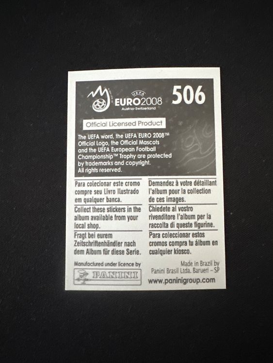 Panini UEFA EURO 2008 – Nr. 506 – Lukas Podolski – Action – Südamerika-Version – Rückseite