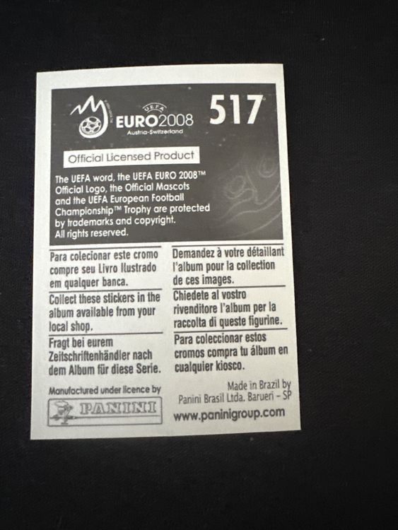 Panini UEFA EURO 2008 – Nr. 517 – Nihat Kahveci – Action – Südamerika-Version – Rückseite