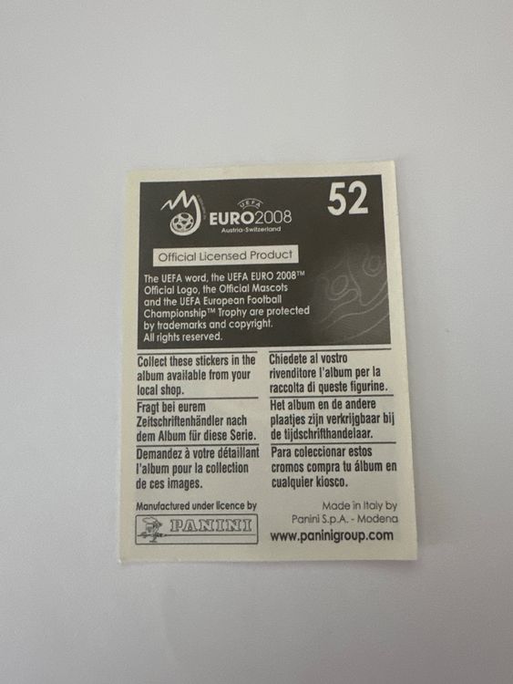 Panini UEFA EURO 2008 – Nr. 52 – Diego Benaglio – Schweizer Edition – Rückseite