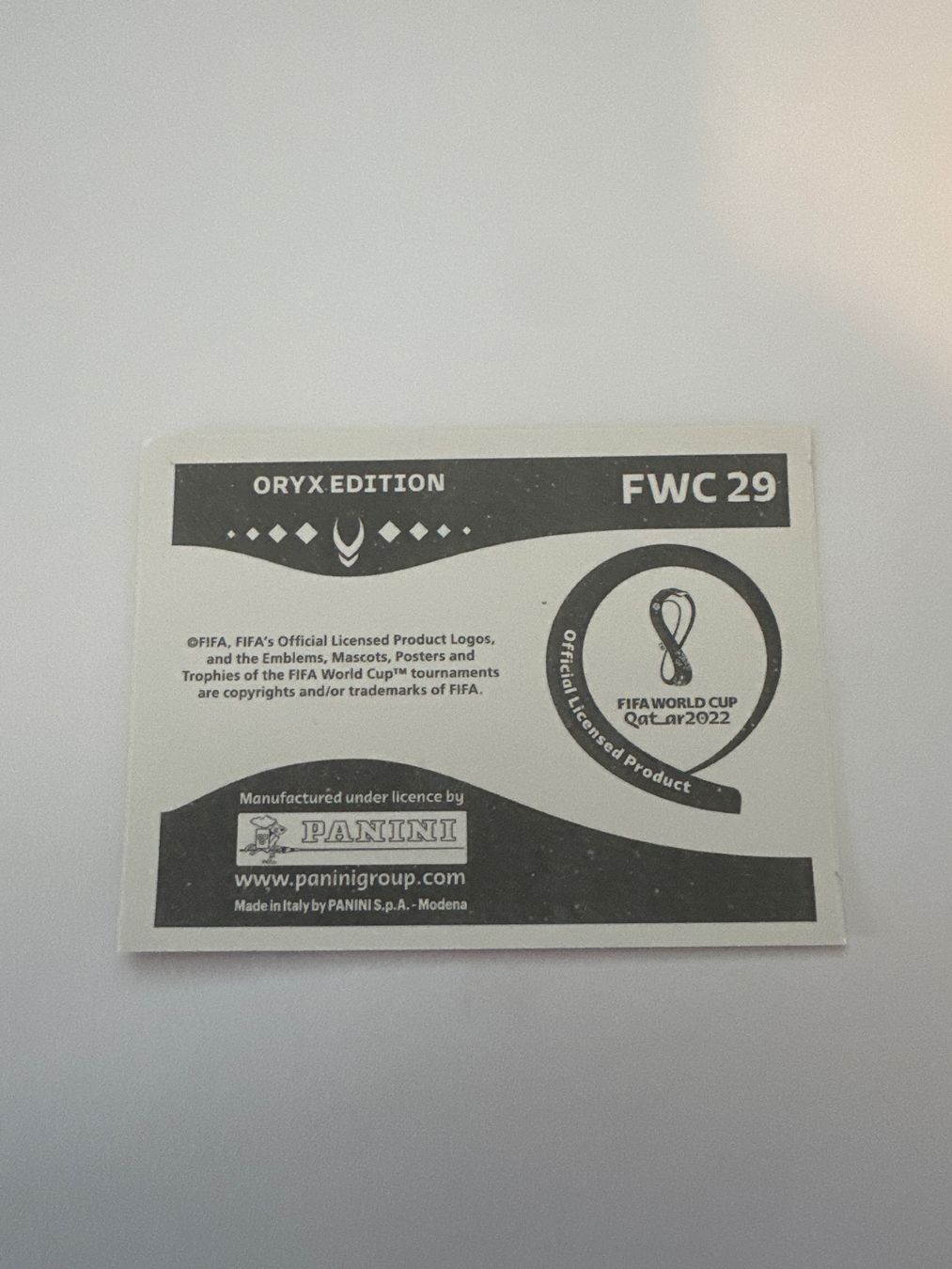 Panini FIFA WM 2022 Oryx - FWC 29 - France 2018 – Original-Zustandsfoto Rückseite
