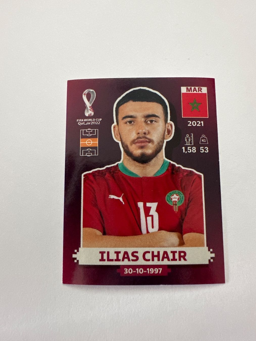 Panini FIFA WM 2022 Oryx - MAR 13 - Ilias Chair – Original-Zustandsfoto Vorderseite