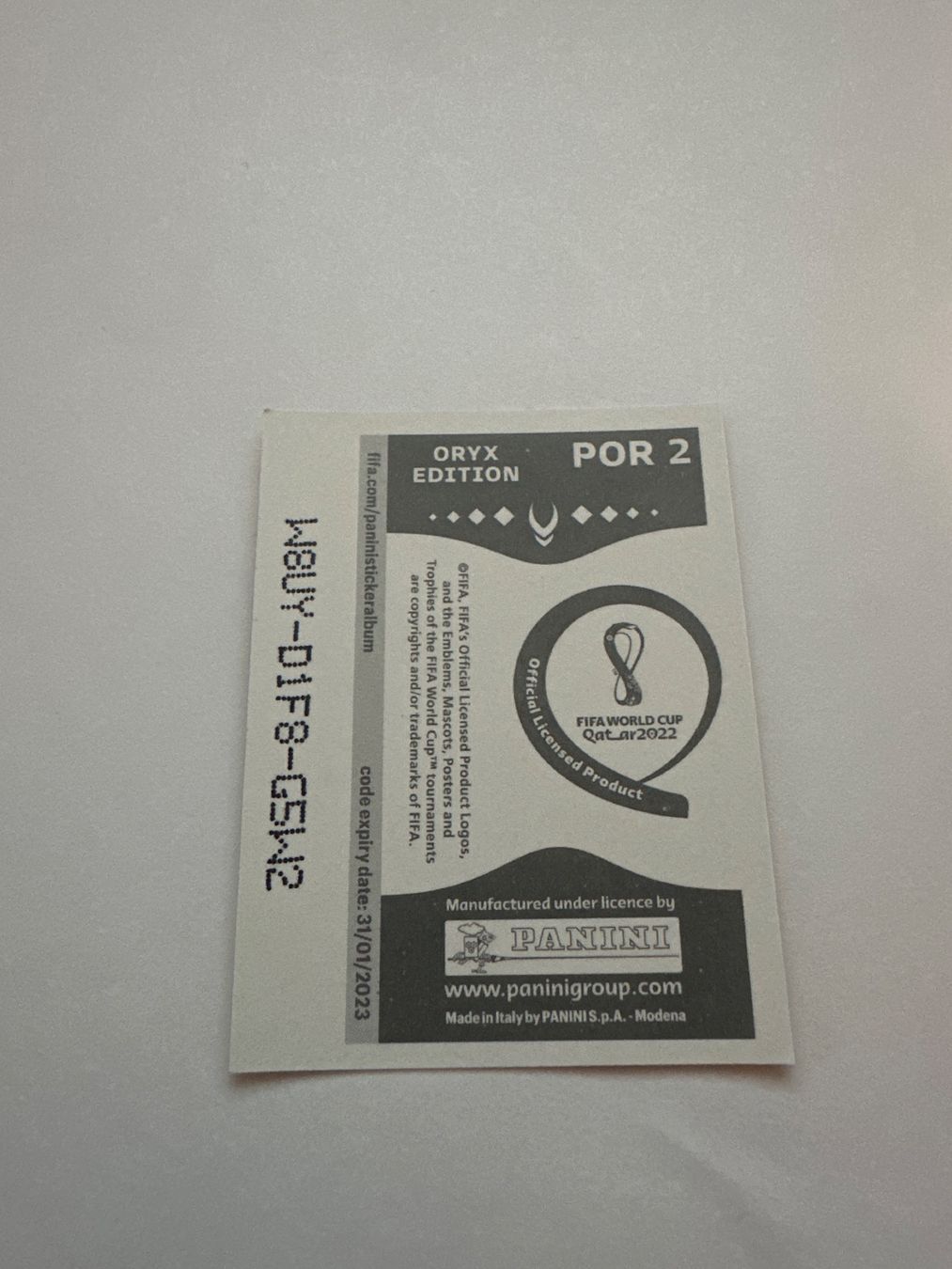Panini FIFA WM 2022 Oryx - POR 2 - Team Logo - Portugal – Original-Zustandsfoto Rückseite