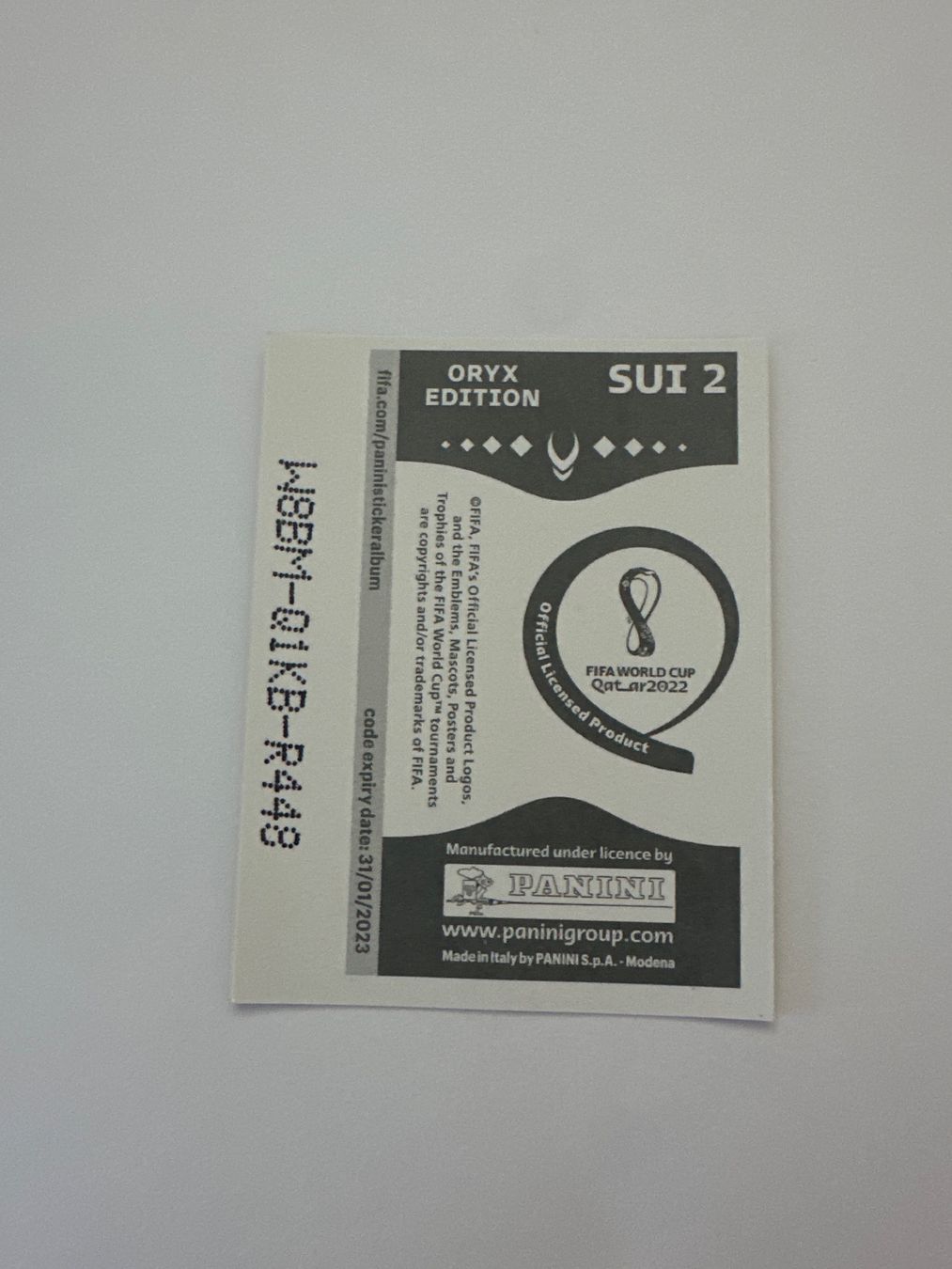 Panini FIFA WM 2022 Oryx - SUI 2 - Team Logo - Switzerland – Original-Zustandsfoto Rückseite