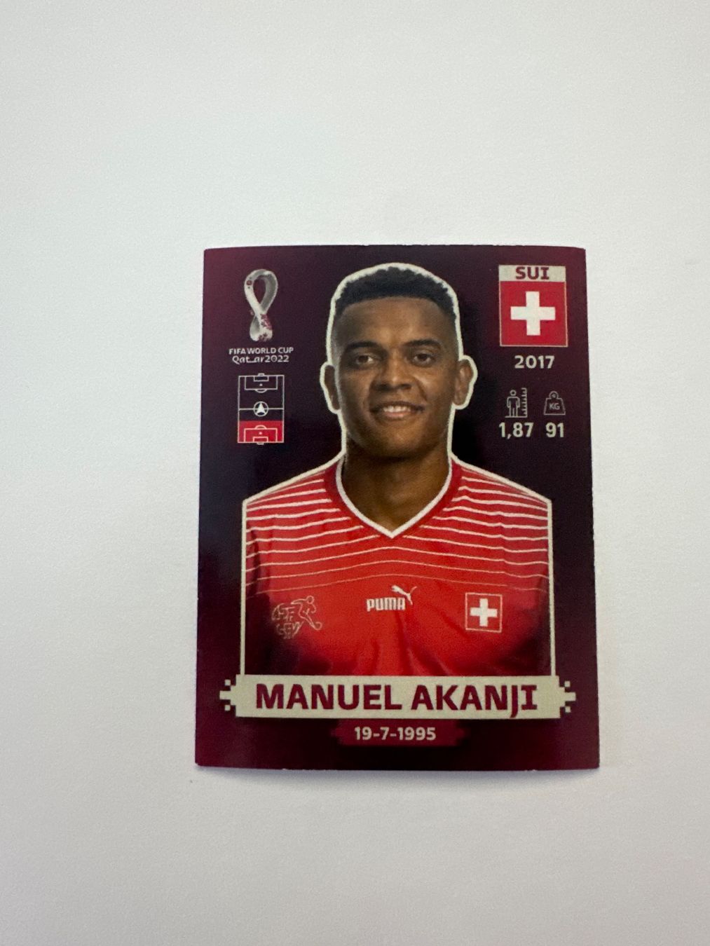 Panini FIFA WM 2022 Oryx - SUI 5 - Manuel Akanji – Original-Zustandsfoto Vorderseite