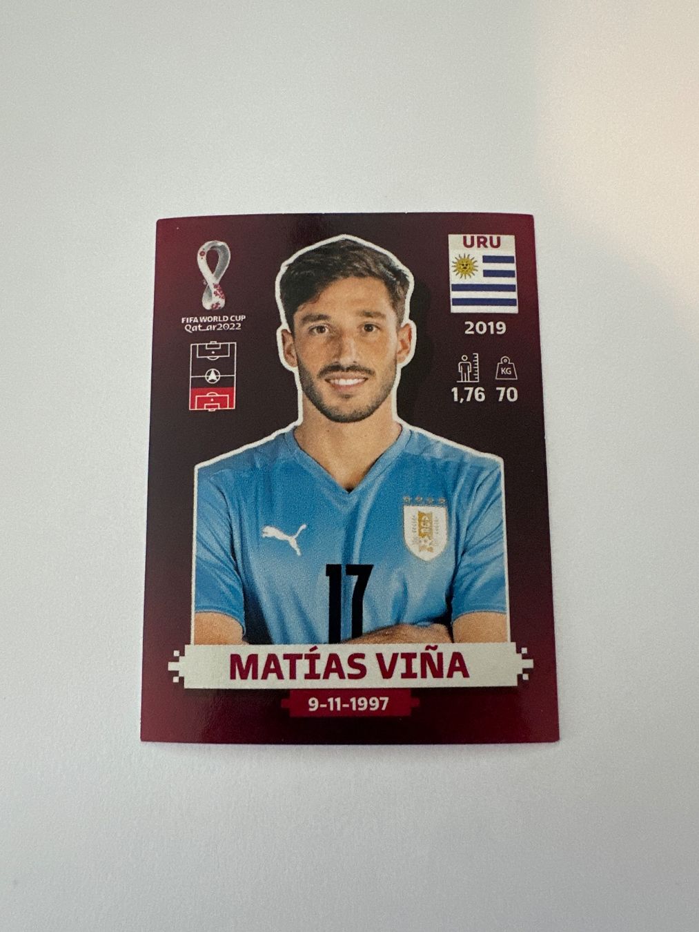 Panini FIFA WM 2022 Oryx - URU 10 - Matías Viña – Original-Zustandsfoto Vorderseite