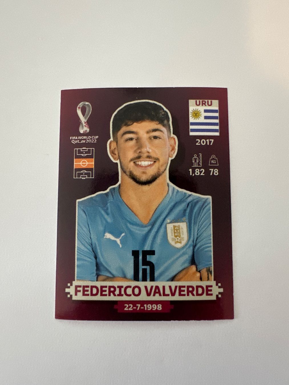 Panini FIFA WM 2022 Oryx - URU 15 - Federico Valverde – Original-Zustandsfoto Vorderseite