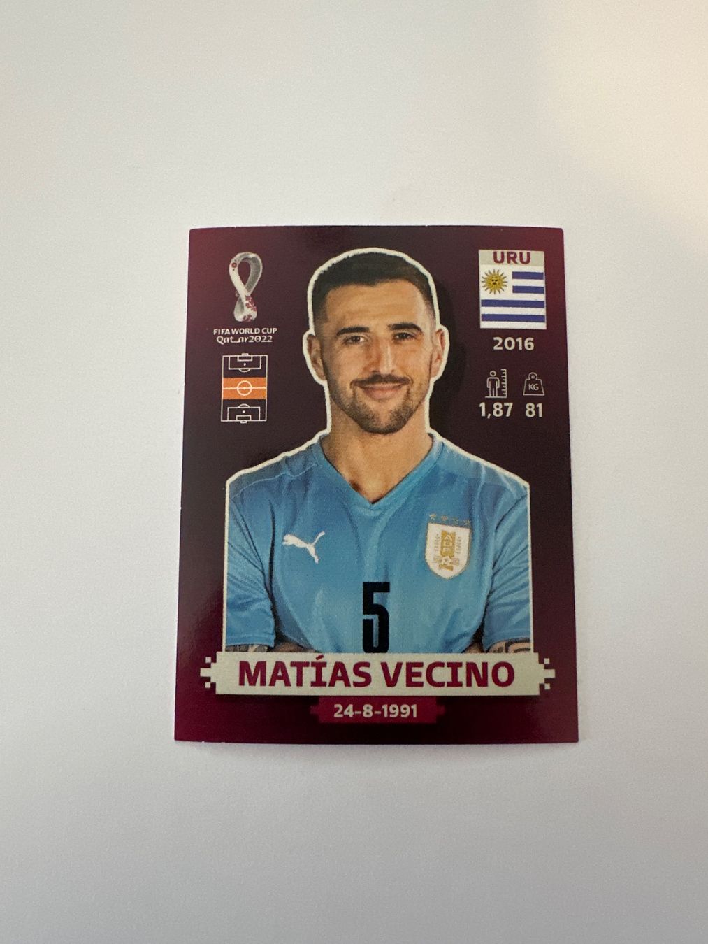 Panini FIFA WM 2022 Oryx - URU 16 - Matías Vecino – Original-Zustandsfoto Vorderseite