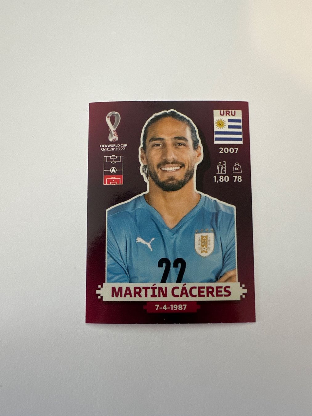 Panini FIFA WM 2022 Oryx - URU 6 - Martín Cáceres – Original-Zustandsfoto Vorderseite