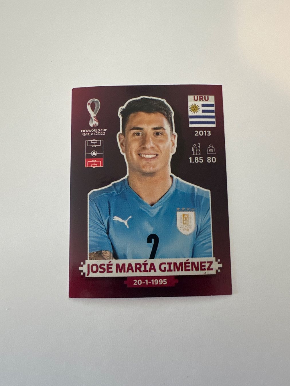 Panini FIFA WM 2022 Oryx - URU 7 - José María Giménez – Original-Zustandsfoto Vorderseite
