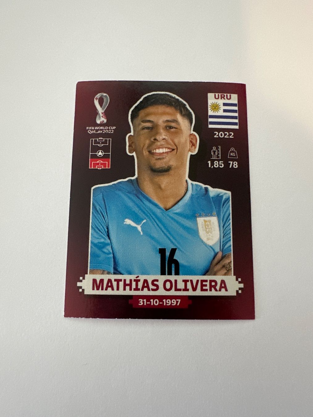 Panini FIFA WM 2022 Oryx - URU 9 - Mathías Olivera – Original-Zustandsfoto Vorderseite